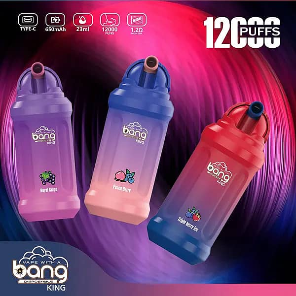 Bang King 12000 Puffs Disposable Vape Pen – Royal Grape, Peach Berry, Triple Berry Ice – 650mAh, 23ml, Type-C Rechargeable
