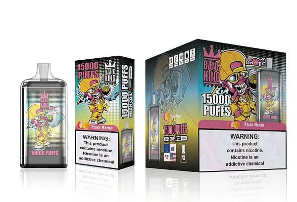 w=600,h=409,fit=scale down,gravity=auto,sharpen=1,metadata=none,format=auto,quality=70 Bang King 15000 Puffs Disposable Vape – Peach Mango flavor, mesh coil, 25ml e-liquid, Type-C rechargeable design with vibrant street-art style packaging.