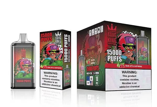 w=600,h=409,fit=scale down,gravity=auto,sharpen=1,metadata=none,format=auto,quality=70 Bang King 15000 Puffs Disposable Vape – Sour Apple Raspberries flavor, mesh coil, 25ml e-liquid, Type-C rechargeable design with vibrant street art packaging.