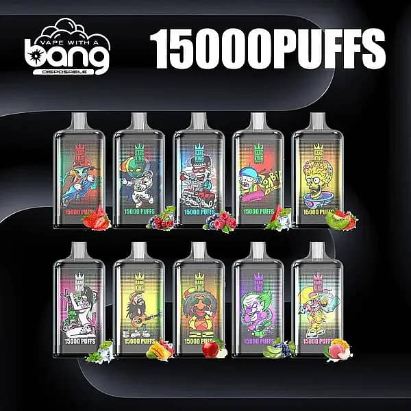 Bang King 15000 Puffs Disposable Vape Collection – Mesh Coil, 25ml E-liquid, Type-C Rechargeable, Assorted Flavors with Colorful Cartoon Designs