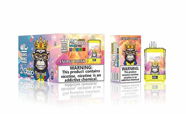 w=600,h=368,fit=scale down,gravity=auto,sharpen=1,metadata=none,format=auto,quality=70 Bang King Double Crystal 20,000-puff disposable vape in Energy Drink flavor—transparent yellow device showing “100%” on the front screen beside matching packaging with a crowned gorilla mascot and a nicotine warning label.