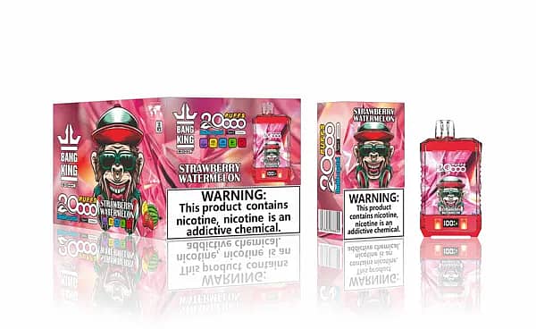 w=600,h=368,fit=scale down,gravity=auto,sharpen=1,metadata=none,format=auto,quality=70 Bang King Double Crystal 20,000-puff disposable vape in Strawberry Watermelon flavor, shown with outer carton, inner box, and a clear red crystal-style device with a front battery display.