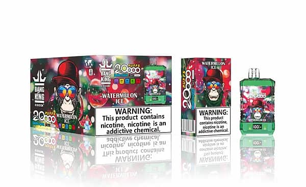 w=600,h=368,fit=scale down,gravity=auto,sharpen=1,metadata=none,format=auto,quality=70 Bang King Double Crystal 20,000-puff disposable vape in Watermelon Ice flavor, shown with outer carton, inner box, and a clear green crystal-style device featuring a front battery display.