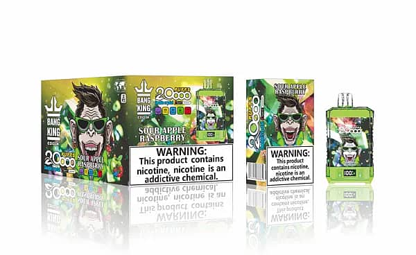 w=600,h=368,fit=scale down,gravity=auto,sharpen=1,metadata=none,format=auto,quality=70 Bang King Double Crystal 20,000-puff disposable vape in Sour Apple Raspberry, shown with the retail carton, inner box, and a clear green crystal-style device displaying a “100%” battery readout.