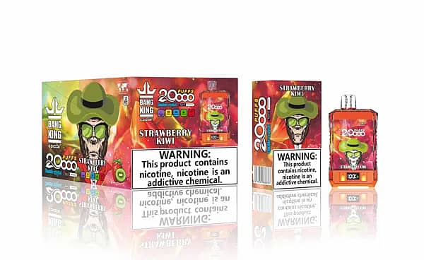 w=600,h=368,fit=scale down,gravity=auto,sharpen=1,metadata=none,format=auto,quality=70 Bang King Double Crystal 20,000-puff disposable vape in Strawberry Kiwi, with orange crystal device, carton, and inner box.
