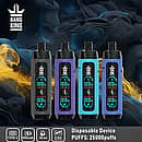 bang king 25000 puffs disposable vape lineup showing four textured, tube-style devices (black, purple, teal, blue) with a front smart display for Boost/Eco modes and battery/juice percentages; specs icons read Type-C, 650 mAh, 30 mL, 0.6 Ω mesh.