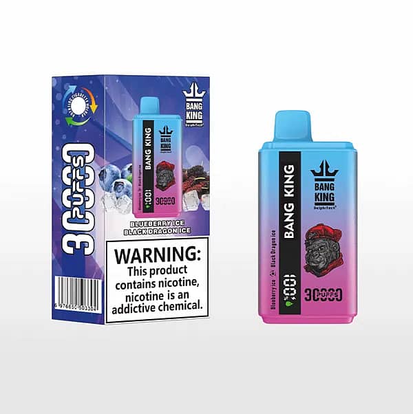 w=600,h=602,fit=scale down,gravity=auto,sharpen=1,metadata=none,format=auto,quality=70 Bang King 30,000-puff disposable vape (Blueberry Ice / Black Dragon Ice) shown with retail box and nicotine warning; gradient blue-to-pink device.