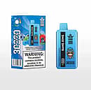 Bang King 30,000-puff disposable vape (Blueberry Raspberry / Mixed Mouldy Fruit) shown with blue retail box and a nicotine warning; blue rectangular device.