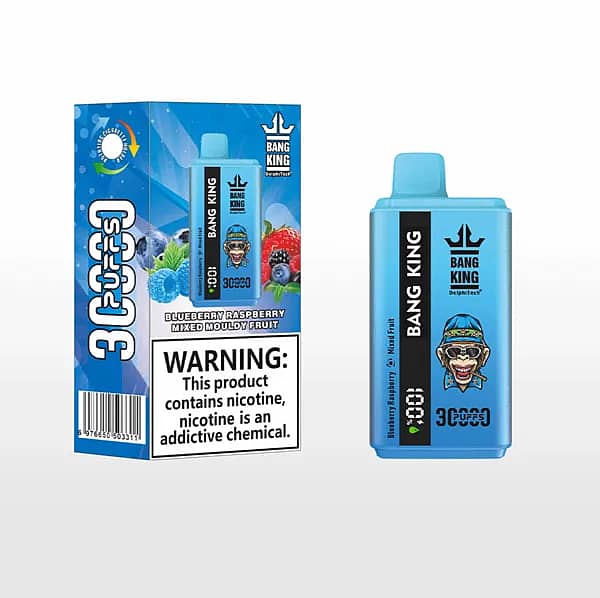 w=600,h=598,fit=scale down,gravity=auto,sharpen=1,metadata=none,format=auto,quality=70 Bang King 30,000-puff disposable vape (Blueberry Raspberry / Mixed Mouldy Fruit) shown with blue retail box and a nicotine warning; blue rectangular device.