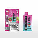 bang king 30,000 puff disposable vape — Strawberry Watermelon Kiwi Passion Fruit Guava; pink-to-teal device beside a pink retail box with fruit graphics and a large nicotine warning.