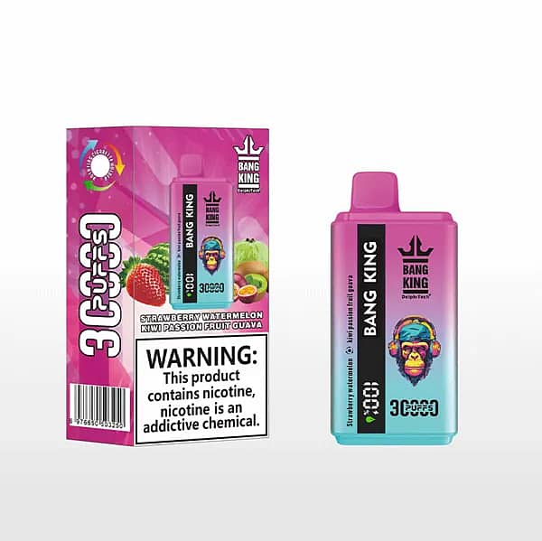 w=600,h=599,fit=scale down,gravity=auto,sharpen=1,metadata=none,format=auto,quality=70 bang king 30,000 puff disposable vape — Strawberry Watermelon Kiwi Passion Fruit Guava; pink-to-teal device beside a pink retail box with fruit graphics and a large nicotine warning.