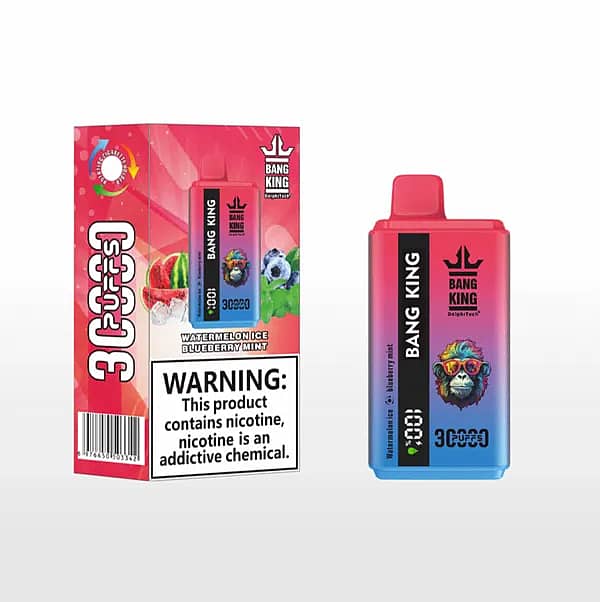w=600,h=602,fit=scale down,gravity=auto,sharpen=1,metadata=none,format=auto,quality=70 Bang King 30,000-puff disposable vape — Watermelon Ice & Blueberry Mint; red-to-blue device beside matching box with fruit graphics and nicotine warning.
