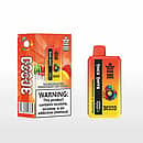 bang king 30000 puffs disposable vape — Watermelon Ice, Strawberry & Mango; orange/yellow device beside matching box with fruit graphics and nicotine warning.