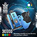 bang king 30000 puffs disposable vape in blue with a rotating mouthpiece; dual-flavor switch, Type-C rechargeable 650 mAh battery, and 38 ml e-liquid shown.