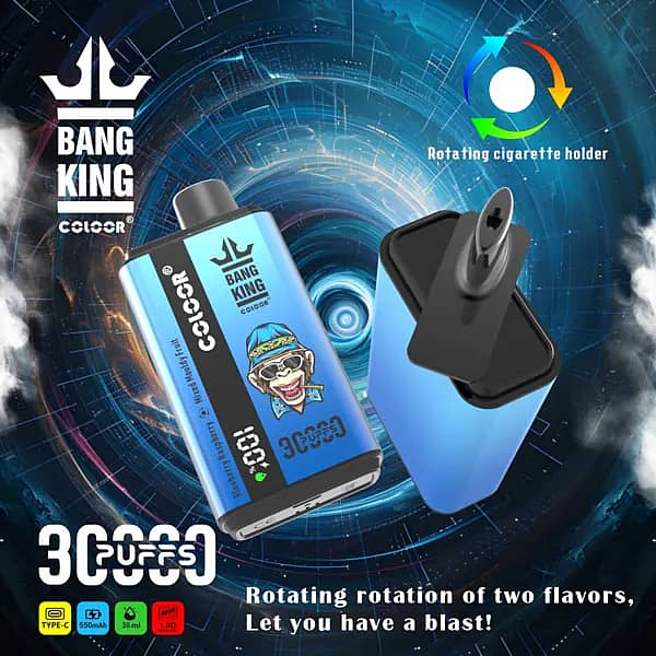 bang king 30000 puffs disposable vape in blue with a rotating mouthpiece; dual-flavor switch, Type-C rechargeable 650 mAh battery, and 38 ml e-liquid shown.