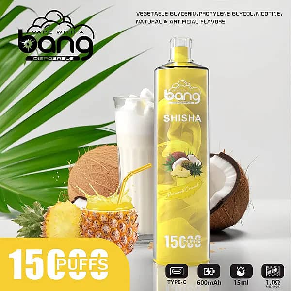 w=600,h=600,fit=scale down,gravity=auto,sharpen=1,metadata=none,format=auto,quality=70 Bang Shisha 15000 Puffs Pineapple Coconut Disposable Vape – 15ml E-liquid, 600mAh Type-C Rechargeable, 1.0Ω Mesh Coil, Tropical Pineapple with Creamy Coconut Flavor