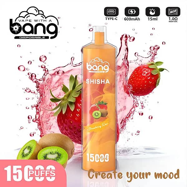 w=600,h=600,fit=scale down,gravity=auto,sharpen=1,metadata=none,format=auto,quality=70 Bang Shisha 15000 Puffs Strawberry Kiwi Disposable Vape – 15ml E-liquid, 600mAh Type-C Rechargeable, 1.0Ω Mesh Coil, Sweet Strawberry and Tangy Kiwi Flavor