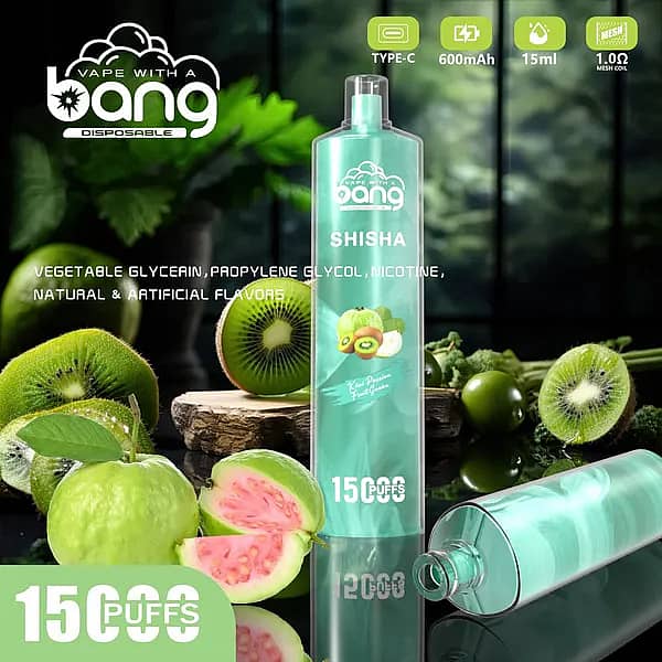 w=600,h=600,fit=scale down,gravity=auto,sharpen=1,metadata=none,format=auto,quality=70 Bang Shisha 15000 Puffs Kiwi Passion Fruit Guava Disposable Vape – 15ml E-liquid, 600mAh Type-C Rechargeable, 1.0Ω Mesh Coil, Tangy Kiwi, Tropical Passion Fruit and Sweet Guava Flavor