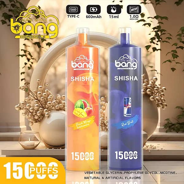 Bang Shisha 15000 Puffs Disposable Vape Pen – Peach Mango Watermelon & Red Bull Flavors – 15ml E-liquid, 600mAh Type-C Rechargeable, 1.0Ω Mesh Coil