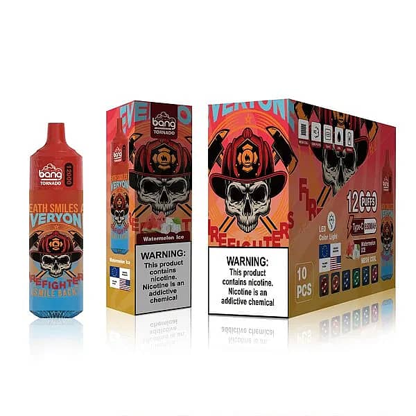 w=600,h=600,fit=scale down,gravity=auto,sharpen=1,metadata=none,format=auto,quality=70 Bang Tornado 12000 Puffs Watermelon Ice Disposable Vape – Firefighter Skull Design, Mesh Coil, 650mAh Type-C Rechargeable