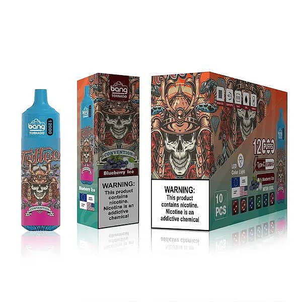 w=600,h=600,fit=scale down,gravity=auto,sharpen=1,metadata=none,format=auto,quality=70 Bang Tornado 12000 Puffs Blueberry Ice Disposable Vape – Samurai Skull Design, Mesh Coil, Type-C Recharge, 650mAh