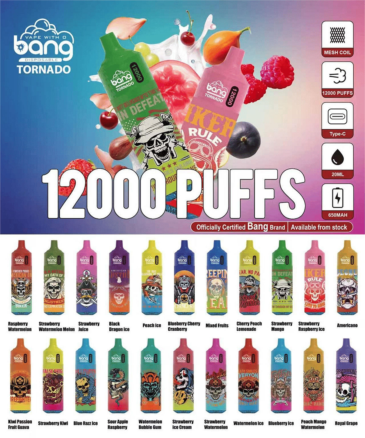 fit=scale down,gravity=auto,sharpen=1,metadata=none,format=auto,quality=70,w=auto,h=auto Bang Tornado 12000 Puffs Disposable Vape Pen 20 Flavors Type-C Mesh Coil 650mAh