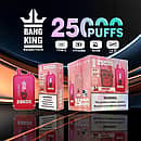 Bang King 25000 Puffs disposable vape with dual pods, cherry bomb flavor packaging, and product specifications.