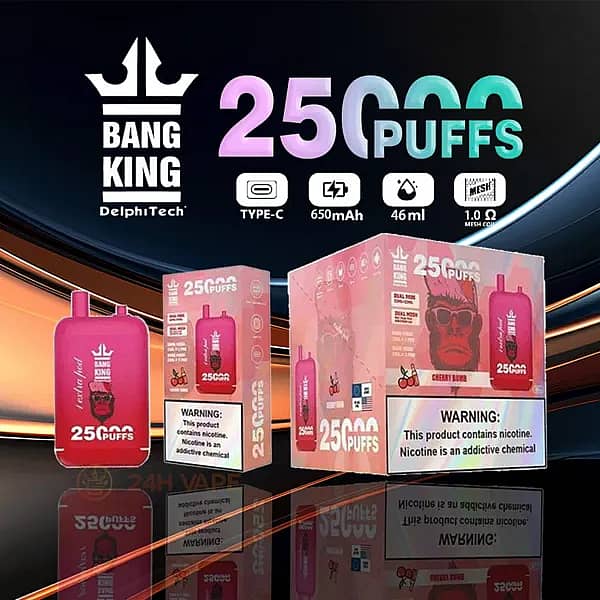 w=600,h=600,fit=scale down,gravity=auto,sharpen=1,metadata=none,format=auto,quality=70 Bang King 25000 Puffs disposable vape with dual pods, cherry bomb flavor packaging, and product specifications.