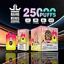 Bang King 25000 Puffs Disposable Vape – Strawberry Banana flavor – Dual Pods 46ml, 650mAh rechargeable battery, Type-C charging, 1.0Ω mesh coil, premium packaging display.