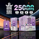 Bang King 25000 Puffs Disposable Vape in purple grape flavor, featuring a 650mAh rechargeable battery, 46ml dual pods, 1.0Ω mesh coil, and Type-C charging, displayed alongside product packaging with nicotine warning labels.