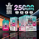 Bang King 25000 Puffs Disposable Vape in teal and pink gradient color, with product packaging showing a cartoon gorilla wearing a colorful striped beanie. Label highlights 650mAh battery, 46ml e-liquid capacity, mesh coil, and Type-C charging.
