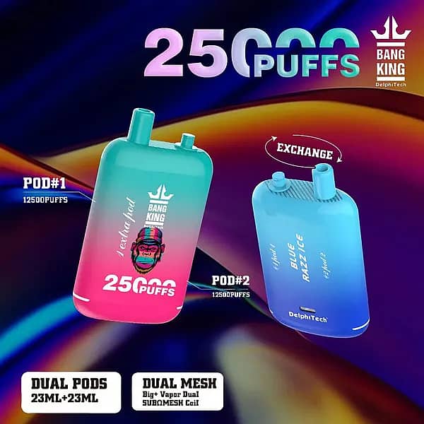 Bang King 25000 Puffs Disposable Vape with dual pods (23ml + 23ml), dual mesh coil, and replaceable pod system, featuring a colorful gradient design and flavors like Lush Ice and Blue Razz Ice.