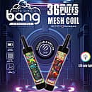 Bang 36000 Puffs Disposable Vape with mesh coil, LED color light, adjustable airflow, and Type-C rechargeable battery.