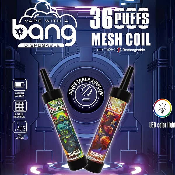 Bang 36000 Puffs Disposable Vape with mesh coil, LED color light, adjustable airflow, and Type-C rechargeable battery.