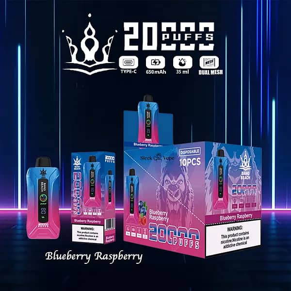 w=600,h=600,fit=scale down,gravity=auto,sharpen=1,metadata=none,format=auto,quality=70 Bang Beach 20,000 Puffs Disposable Vape — Blueberry Raspberry flavor. Gradient blue-to-pink device with LED screen/puff counter beside its box and 10-pack display carton; icons show Type-C, 650mAh, 35ml, Dual Mesh on a neon blue background.