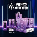 Bang Beach 20,000 Puffs Disposable Vape — Grape Ice flavor. Purple gradient device with LED screen/puff counter beside its box and 10-pack display carton; spec icons show Type-C, 650mAh, 35ml, Dual Mesh on a neon blue backdrop.