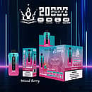 Bang Beach 20,000 Puffs Disposable Vape — Mixed Berry flavor. Teal-pink gradient device with LED screen/puff counter beside its box and 10-pack display carton; spec icons show Type-C, 650mAh, 35ml, Dual Mesh on a neon blue backdrop.