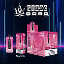 Bang Beach 20,000 Puffs disposable vape — Peach Ice flavor. Pink device with LED screen/puff counter beside its box and 10-pack display carton; spec icons show Type-C, 650mAh, 35ml, Dual Mesh on a neon blue backdrop.