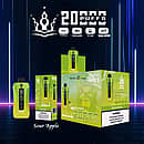 Bang Beach 20,000 Puffs disposable vape — Sour Apple flavor. Lime-green device with LED puff/battery screen, shown with single box and 10-pack carton; icons: Type-C, 650mAh, 35 ml, Dual-Mesh.