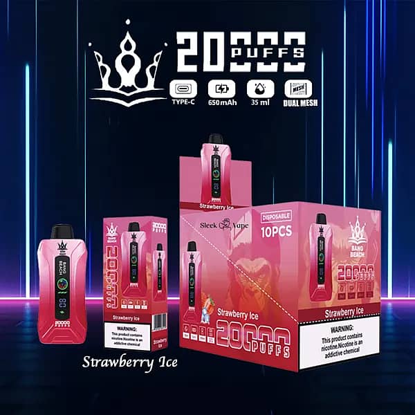 w=600,h=600,fit=scale down,gravity=auto,sharpen=1,metadata=none,format=auto,quality=70 bang beach 20000 puffs disposable vape — Strawberry Ice flavor. Pink gradient device with LED puff/battery screen, shown with single box and 10-pack carton; icons: Type-C, 650mAh, 35 ml, Dual-Mesh.