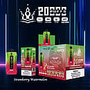 Bang Beach 20,000 Puffs disposable vape — Strawberry Watermelon flavor. Green-to-red device with LED puff/battery screen beside single box and 10-pack carton; icons show Type-C, 650mAh, 35 ml, Dual-Mesh.