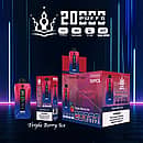 Bang Beach 20,000 Puffs disposable vape — Triple Berry Ice flavor. Blue-to-pink gradient device with front LED puff/battery screen shown next to its single box and 10-pack display carton; header icons list Type-C, 650mAh, 35 ml, dual-mesh.