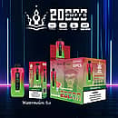 Bang Beach 20,000 Puffs disposable vape — Watermelon Ice flavor. Red-to-green gradient device with front LED puff/battery screen shown beside its single box and 10-pack display carton; top badges show Type-C, 650mAh, 35 ml, dual-mesh.