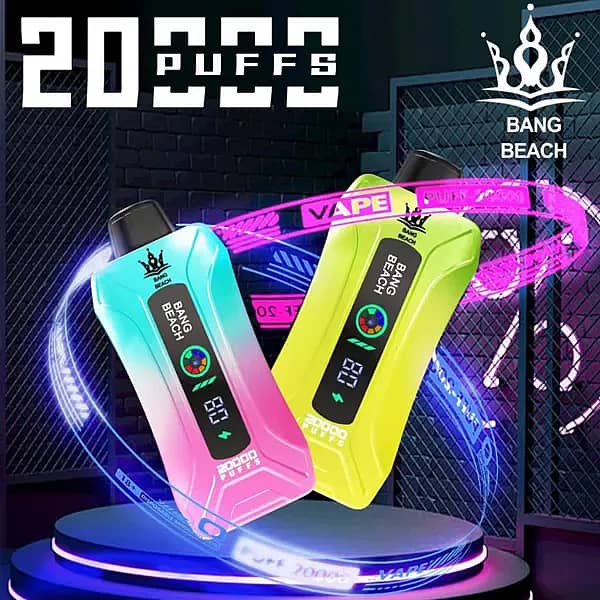 bang beach 20000 puffs disposable vape — two gradient devices (blue-pink and neon yellow) with LED screen/puff counter and top mouthpieces, shown on a neon stage with the Bang Beach crown logo.