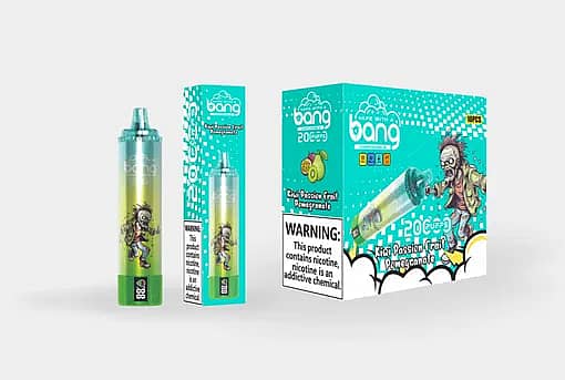 w=510,h=343,fit=scale down,gravity=auto,sharpen=1,metadata=none,format=auto,quality=70 Bang Blaze Kiwi Passion Fruit Pomegranate Disposable Vape 20000 Puffs with Green Gradient and Zombie Character Design