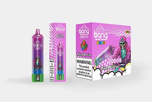 w=510,h=343,fit=scale down,gravity=auto,sharpen=1,metadata=none,format=auto,quality=70 Bang Blaze Mixed Berries 20000 Puffs Disposable Vape with Purple Gradient Design and Streetwear Skeleton Character