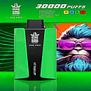 Bang King 30K Pro disposable vape in green “Watermelon” flavor, with “30,000 PUFFS” headline and icons for Type-C, 850 mAh battery, 36 mL e-liquid, and 1.0 Ω; neon gorilla with purple sunglasses in the background.