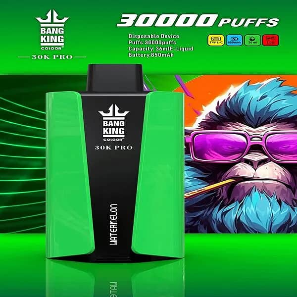 Bang King 30K Pro disposable vape in green “Watermelon” flavor, with “30,000 PUFFS” headline and icons for Type-C, 850 mAh battery, 36 mL e-liquid, and 1.0 Ω; neon gorilla with purple sunglasses in the background.