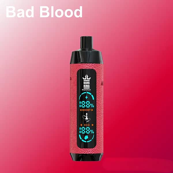 Bang King 25,000-puff disposable vape in “Bad Blood” (blackcurrant) flavor; red textured body with black mouthpiece and a vertical screen showing Boost/Eco modes and percentage rings, on a red gradient background.