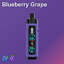 Bang King 25,000-puff disposable vape in Blueberry Grape flavor; purple textured body with black mouthpiece and a central screen showing Boost/Eco percentage rings, on a purple gradient background with blueberry and grape icons and the title “Blueberry Grape.”
